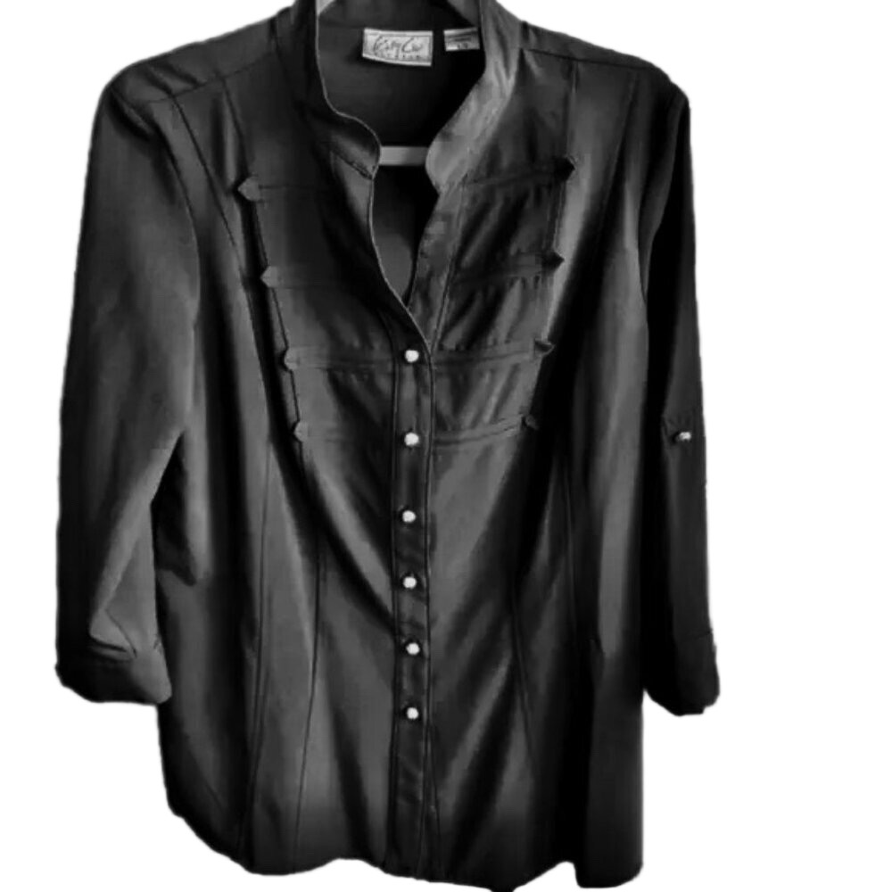 Kathy Che  Blouse  Women's Long Sleeve Roll Tab  BLACK Button Front V-Neck